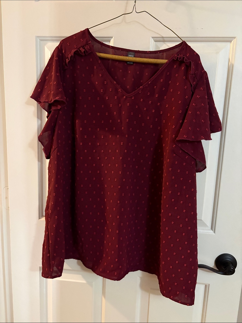 SHEIN Wine Red V-Neck Ruffle Sleeve Blouse